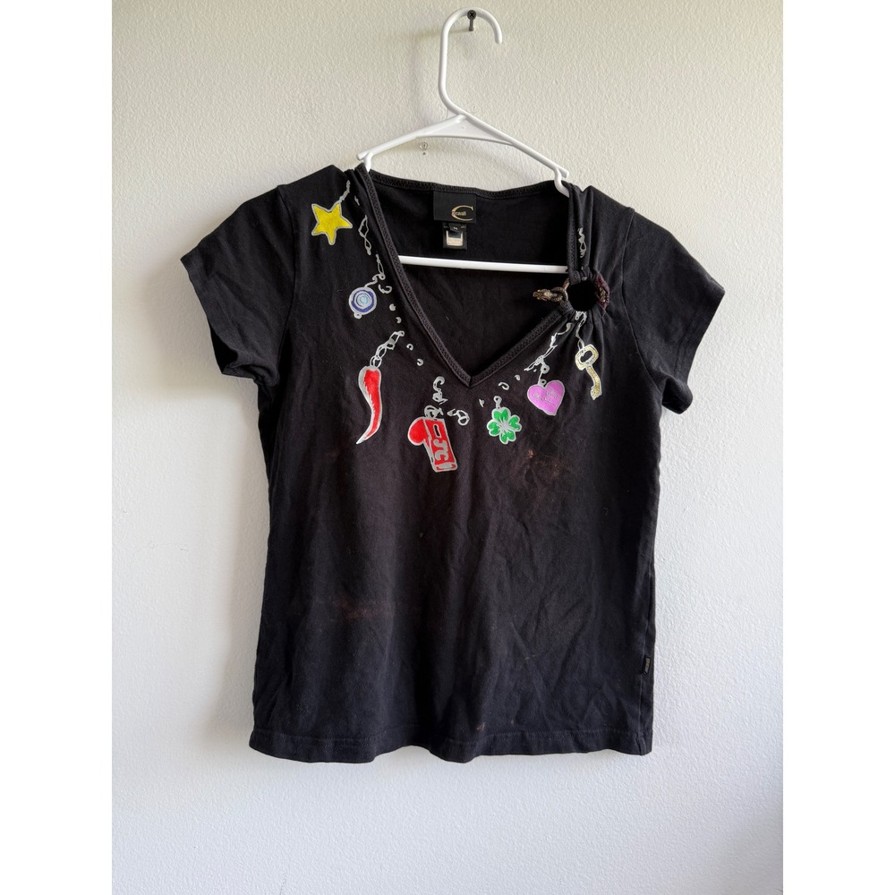 Just Cavalli Roberto Cavalli Black Graphic Charm V-Neck T-Shirt Snake Ring M